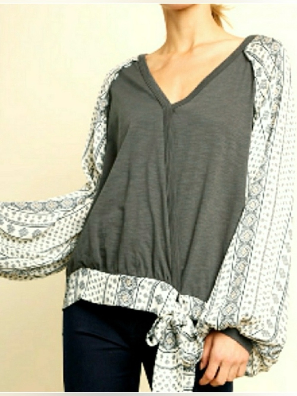 Boho Billow Sleeve Faux Wrap V Neck Blouse
